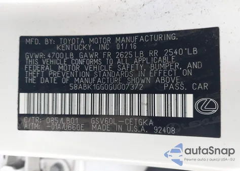 2016 Lexus Es 350 из США, поврежденный, VIN 58ABK1GG0GU007372